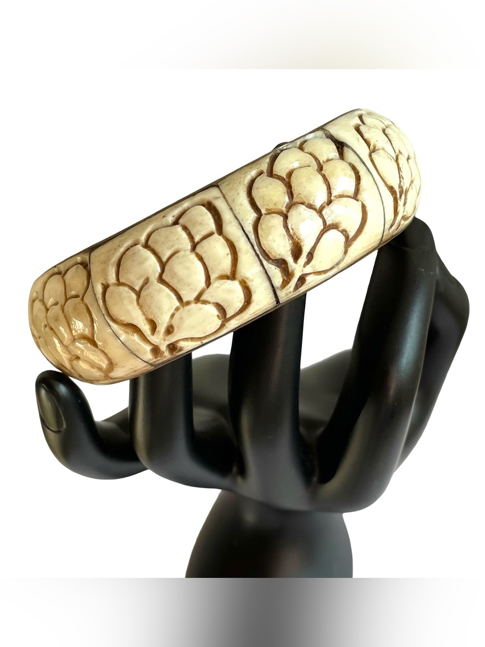 Vintage Carved Bone And Brass Bangle Bracelet